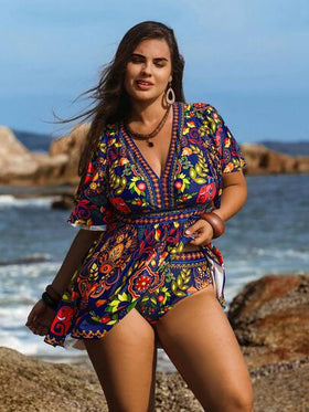Swim Lushoire بدلة سباحة تانكيني للمرأة ذات الحجم الكبير 2 قطعة، طباعة أزياء عطلة نهاية الأسبوع، خصر عالي، تنورة مكشكشة، متواضعة