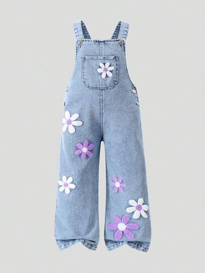 SHEIN ChillGRL سرهال جينز مزين بزهور ثلاثية الأبعاد للفتيات الصغيرات