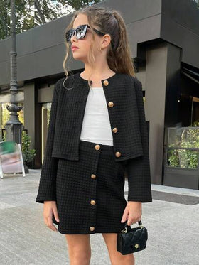 SHEIN مجموعة جاكيت كاجوال يومية للفتيات المراهقات من نوفاجلو، بنسيج مُحبَّر باللون الأسود