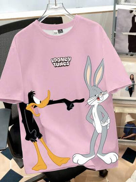 Looney Tunes X Manfinity Manfinity Joysei تي شيرت رجالي كاجوال بطبعة حيوان كرتونية وياقة دائرية، أكمام قصيرة، صيفي