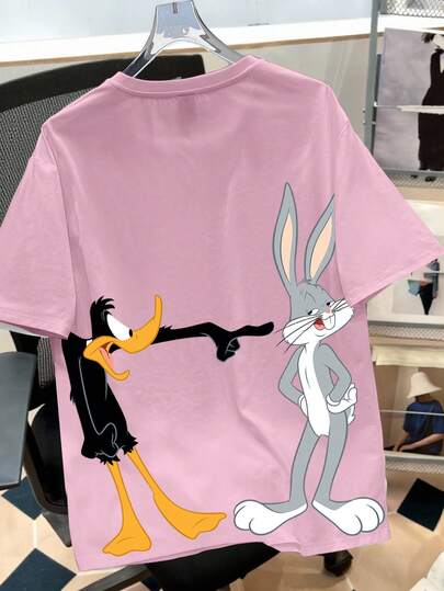 Looney Tunes X Manfinity Manfinity Joysei تي شيرت رجالي كاجوال بطبعة حيوان كرتونية وياقة دائرية، أكمام قصيرة، صيفي