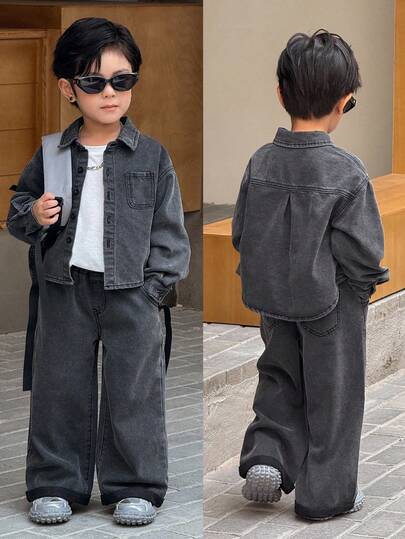 SHEIN مجموعة قميص كم طويل ياقة دنيم رمادي وبنطلون فضفاض للأولاد الصغار، قطعتان