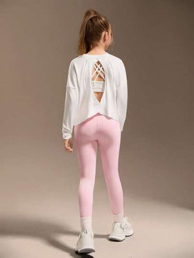 SHEIN ملابس علوية بأكمام طويلة للفتيات المراهقات، تصميم ظهر مفرغ أنيق باللون الأبيض. قطعة واحدة من قمصان الفتيات المفرغة المريحة للاستخدام اليومي والرياضة بأكمام طويلة