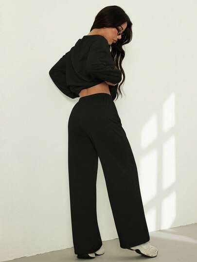 SHEIN PETITE مجموعة ملابس علوية كاجوال بأكمام طويلة وبنطال طويل مطبوع بأرقام، 2 قطعة
