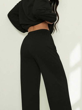 SHEIN PETITE مجموعة ملابس علوية كاجوال بأكمام طويلة وبنطال طويل مطبوع بأرقام، 2 قطعة