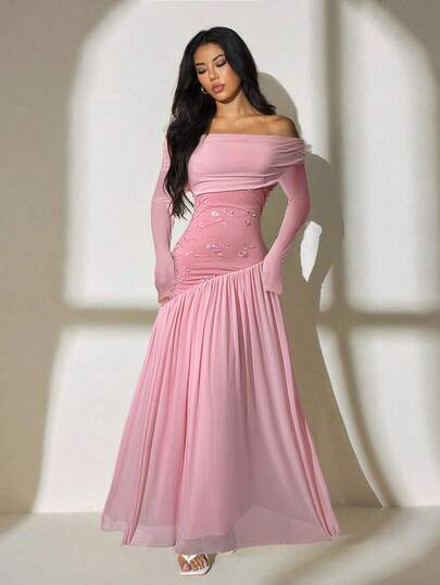 SHEIN PETITE فستان أنيق وأنيق بأكمام طويلة أحادية الكتف، مع تطريز شبكي متباين، وذيل غير متماثل، وخصر مطاطي طويل جداً وضيق