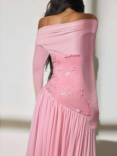 SHEIN PETITE فستان أنيق وأنيق بأكمام طويلة أحادية الكتف، مع تطريز شبكي متباين، وذيل غير متماثل، وخصر مطاطي طويل جداً وضيق
