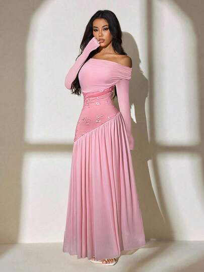 SHEIN PETITE فستان أنيق وأنيق بأكمام طويلة أحادية الكتف، مع تطريز شبكي متباين، وذيل غير متماثل، وخصر مطاطي طويل جداً وضيق
