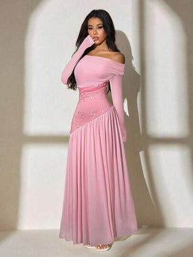 SHEIN PETITE فستان أنيق وأنيق بأكمام طويلة أحادية الكتف، مع تطريز شبكي متباين، وذيل غير متماثل، وخصر مطاطي طويل جداً وضيق