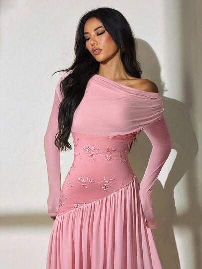 SHEIN PETITE فستان أنيق وأنيق بأكمام طويلة أحادية الكتف، مع تطريز شبكي متباين، وذيل غير متماثل، وخصر مطاطي طويل جداً وضيق