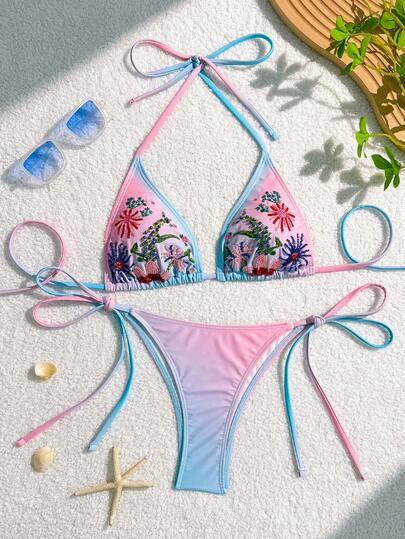 Swim Mod بيكيني مثلث مطرز بالخرز ذو طبعة زهور أومبير، بلا أكتاف، ملابس سباحة نسائية جديدة للصيف، ملابس شاطئ وعطلات