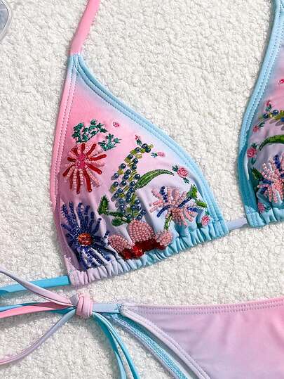 Swim Mod بيكيني مثلث مطرز بالخرز ذو طبعة زهور أومبير، بلا أكتاف، ملابس سباحة نسائية جديدة للصيف، ملابس شاطئ وعطلات