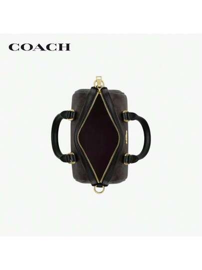Coach حقيبة رووان18 كلاسيكية من القماش المبطن والجلد مع سحاب علوي، صغيرة، بني/أسود