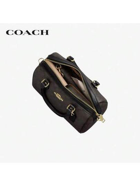 Coach حقيبة رووان18 كلاسيكية من القماش المبطن والجلد مع سحاب علوي، صغيرة، بني/أسود