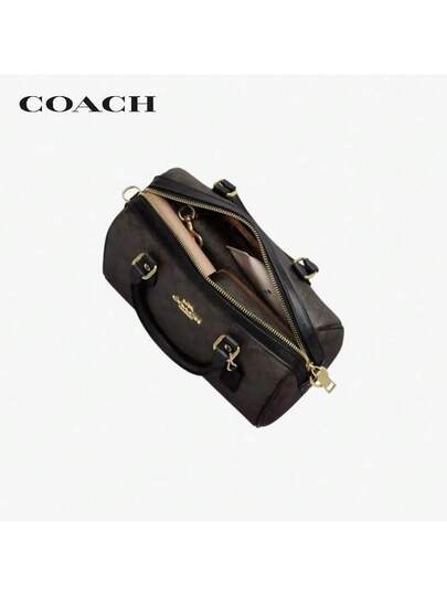Coach حقيبة رووان18 كلاسيكية من القماش المبطن والجلد مع سحاب علوي، صغيرة، بني/أسود