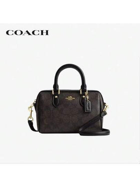 Coach حقيبة رووان18 كلاسيكية من القماش المبطن والجلد مع سحاب علوي، صغيرة، بني/أسود