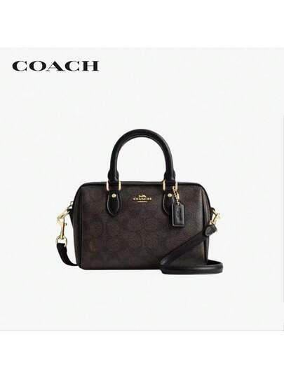 Coach حقيبة رووان18 كلاسيكية من القماش المبطن والجلد مع سحاب علوي، صغيرة، بني/أسود