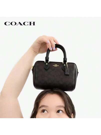 Coach حقيبة رووان18 كلاسيكية من القماش المبطن والجلد مع سحاب علوي، صغيرة، بني/أسود
