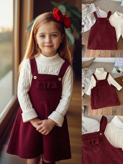 Emery Rose Kids Emery Rose Kids فستان قصير للبنات الصغيرات/الرضع من القطيفة اللون البرغندي مع جيوب مكشكشة وأربطة على الكتف، فستان قطيفة برغندي للبنات الصغيرات، فستان برغندي للبنات الصغيرات