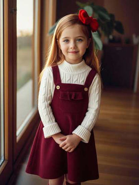 Emery Rose Kids Emery Rose Kids فستان قصير للبنات الصغيرات/الرضع من القطيفة اللون البرغندي مع جيوب مكشكشة وأربطة على الكتف، فستان قطيفة برغندي للبنات الصغيرات، فستان برغندي للبنات الصغيرات