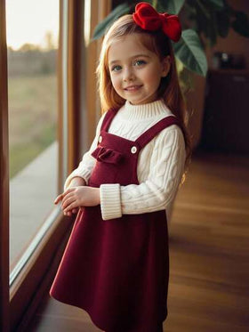Emery Rose Kids Emery Rose Kids فستان قصير للبنات الصغيرات/الرضع من القطيفة اللون البرغندي مع جيوب مكشكشة وأربطة على الكتف، فستان قطيفة برغندي للبنات الصغيرات، فستان برغندي للبنات الصغيرات