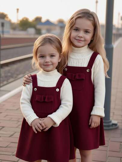 Emery Rose Kids Emery Rose Kids فستان قصير للبنات الصغيرات/الرضع من القطيفة اللون البرغندي مع جيوب مكشكشة وأربطة على الكتف، فستان قطيفة برغندي للبنات الصغيرات، فستان برغندي للبنات الصغيرات