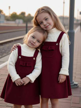 Emery Rose Kids Emery Rose Kids فستان قصير للبنات الصغيرات/الرضع من القطيفة اللون البرغندي مع جيوب مكشكشة وأربطة على الكتف، فستان قطيفة برغندي للبنات الصغيرات، فستان برغندي للبنات الصغيرات