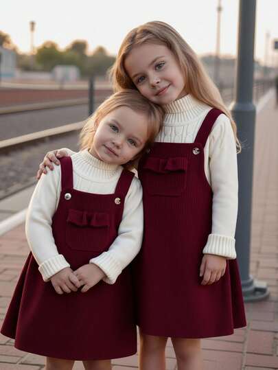 Emery Rose Kids Emery Rose Kids فستان قصير للبنات الصغيرات/الرضع من القطيفة اللون البرغندي مع جيوب مكشكشة وأربطة على الكتف، فستان قطيفة برغندي للبنات الصغيرات، فستان برغندي للبنات الصغيرات