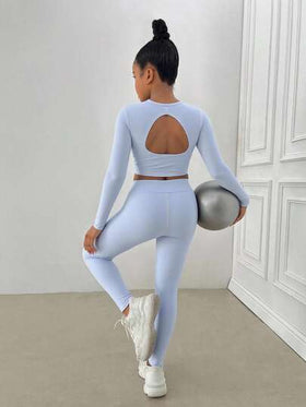 SHEIN بدلة رياضية من قميص كم طويل بدون ظهر وسروال ضيق للفتيات المراهقات، باللون الأحادي، مناسبة للاستخدام اليومي والرياضة والأنشطة الخارجية