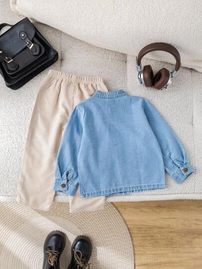 SHEIN مجموعة جاكيت جينز وقميص جينز وبنطلون من الكوردروي مناسبة للأطفال الصبية في فصل الخريف/الشتاء، مناسبة لحفلات عيد الميلاد والحفلات المسائية والأعراس وحفلات البدر الكامل والمعمودية وعيد الميلاد الأول