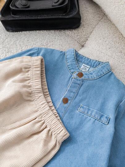 SHEIN مجموعة جاكيت جينز وقميص جينز وبنطلون من الكوردروي مناسبة للأطفال الصبية في فصل الخريف/الشتاء، مناسبة لحفلات عيد الميلاد والحفلات المسائية والأعراس وحفلات البدر الكامل والمعمودية وعيد الميلاد الأول