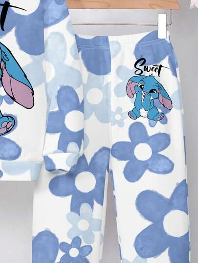 SHEIN Leap Crew مجموعة بنطلون وبلوزة رياضية فضفاضة بطبعة أرنب وزهور للبنات المراهقات، مناسبة للخريف/الشتاء، مريحة للأوقات الحرة والجامعة والرياضة والخارج والملابس اليومية، قطعتان