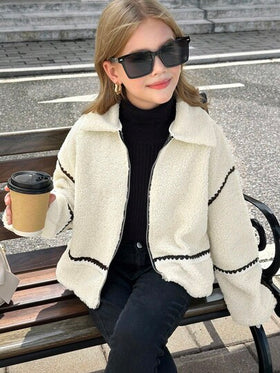 SHEIN Serisse Kids معطف تيدي فليس كاجوال بياقة وتريم متباين مناسب للفتيات المراهقات، مناسب للخريف/الشتاء