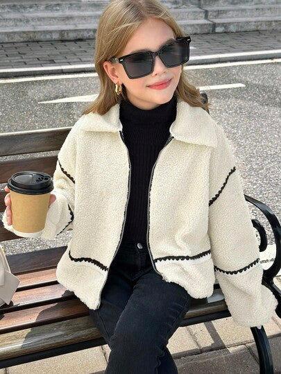SHEIN Serisse Kids معطف تيدي فليس كاجوال بياقة وتريم متباين مناسب للفتيات المراهقات، مناسب للخريف/الشتاء