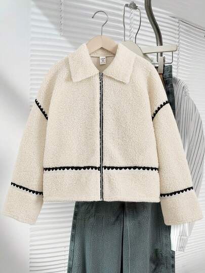 SHEIN Serisse Kids معطف تيدي فليس كاجوال بياقة وتريم متباين مناسب للفتيات المراهقات، مناسب للخريف/الشتاء