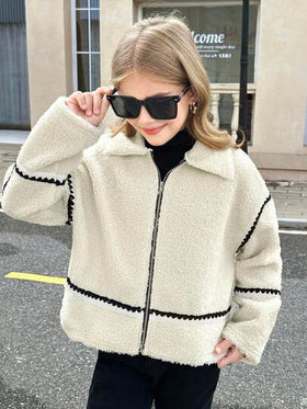 SHEIN Serisse Kids معطف تيدي فليس كاجوال بياقة وتريم متباين مناسب للفتيات المراهقات، مناسب للخريف/الشتاء