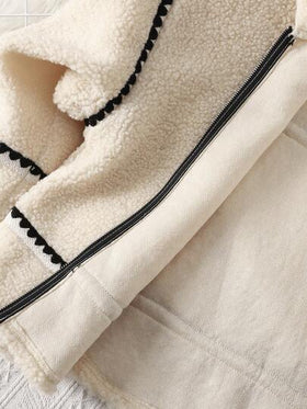 SHEIN Serisse Kids معطف تيدي فليس كاجوال بياقة وتريم متباين مناسب للفتيات المراهقات، مناسب للخريف/الشتاء