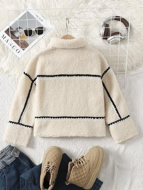 SHEIN Serisse Kids معطف تيدي فليس كاجوال بياقة وتريم متباين مناسب للفتيات المراهقات، مناسب للخريف/الشتاء