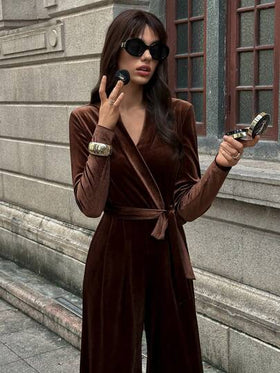 SHEIN Unity تصميم أنيق جديد للخريف/الشتاء، جمبسوت سروال واسع الساق بأكمام طويلة وخصر مربوط من القطيفة الأنيقة