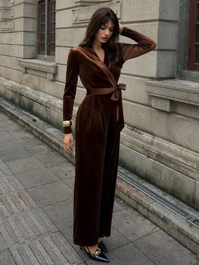 SHEIN Unity تصميم أنيق جديد للخريف/الشتاء، جمبسوت سروال واسع الساق بأكمام طويلة وخصر مربوط من القطيفة الأنيقة