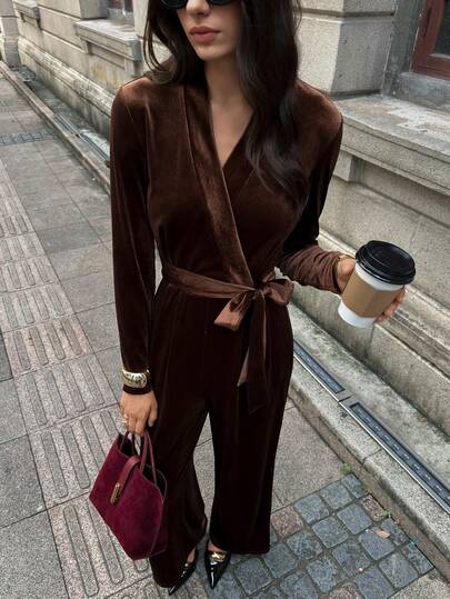SHEIN Unity تصميم أنيق جديد للخريف/الشتاء، جمبسوت سروال واسع الساق بأكمام طويلة وخصر مربوط من القطيفة الأنيقة