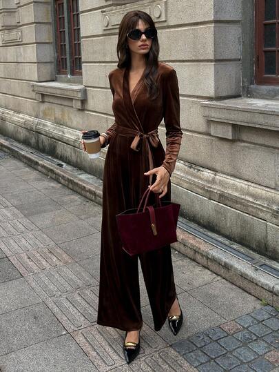 SHEIN Unity تصميم أنيق جديد للخريف/الشتاء، جمبسوت سروال واسع الساق بأكمام طويلة وخصر مربوط من القطيفة الأنيقة