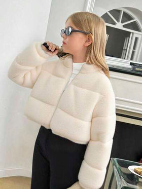 SHEIN معطف شتوي قصير مبطن بفرو صناعي لفتيات المراهقات، لون بيج فاتح، مناسب للخريف والشتاء، معطف بيج فاتح مبطن بالفليس قصير، للعودة إلى المدرسة، حفل الافتتاح، الاستخدام اليومي، المدرسة، السفر، الرياضة، عيد الميلاد، الخريف والشتاء
