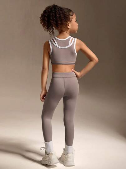 SHEIN مجموعة ملابس رياضية للبنات - 2 قطعة - ملابس علوية خزان عادي + بنطلون عادي، مخطط/متعدد الألوان + ملابس علوية رياضي + بنطلون رياضي