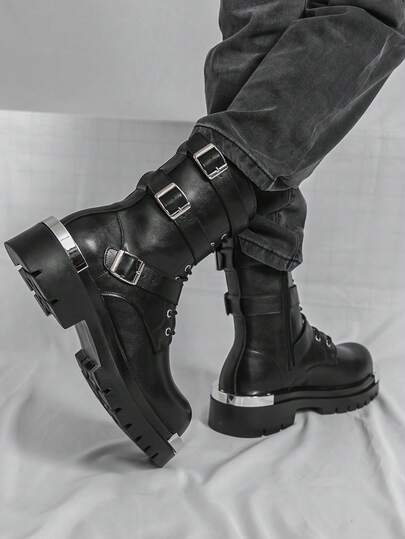 بوت دربي ذات الكعب السميك للرجال، بوت كاجوال خارجية بطراز بانك مع أربطة وحلقات معدنية، تصميم ثلاثي الأشرطة بوت تنزه عالية الكاحل