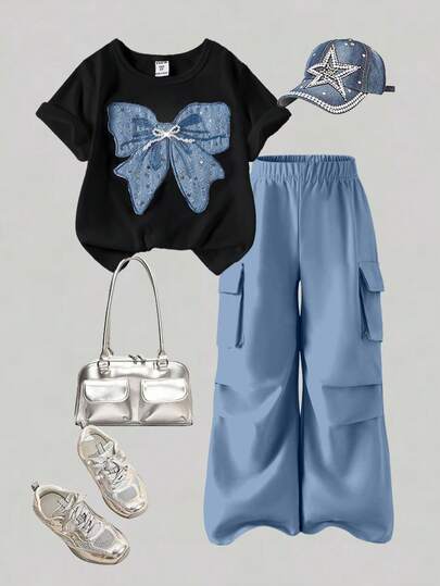 SHEIN ChillGRL 2 قطعة مجموعة بلوزة قصيرة الأكمام للفتيات المراهقات بأكمام قصيرة وبنطال كاجوال بتصميم وشم ذو فتحة رقبة دائرية، إطلالة عصرية للربيع/الصيف