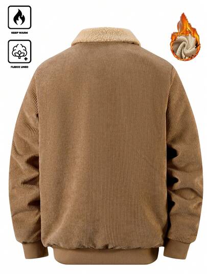 Manfinity Homme معطف طويل الأكمام مبطن حراريًا متعدد الجيوب للرجال في فصلي الخريف والشتاء، جاكيت كاجوال مخملية بتصميم صديق الحبيب باللون الخاكي، ملابس خارجية دافئة وعصرية