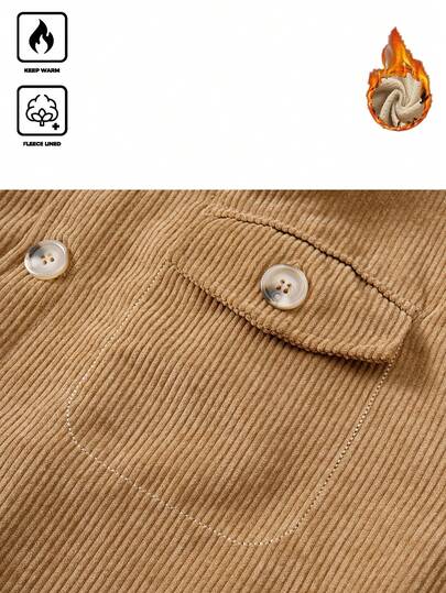 Manfinity Homme معطف طويل الأكمام مبطن حراريًا متعدد الجيوب للرجال في فصلي الخريف والشتاء، جاكيت كاجوال مخملية بتصميم صديق الحبيب باللون الخاكي، ملابس خارجية دافئة وعصرية