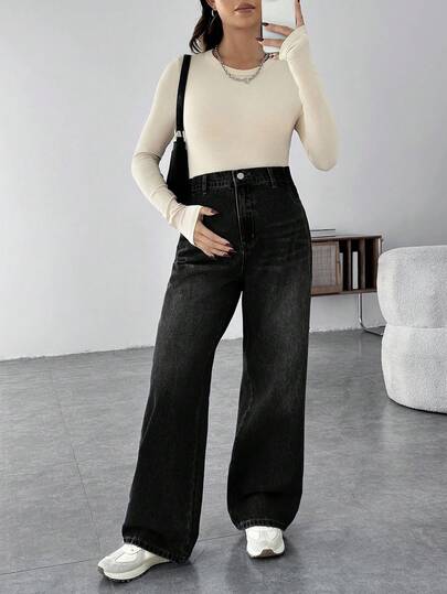 SHEIN بنطلون جينز فضفاض واسع الساق للحوامل، أزرق