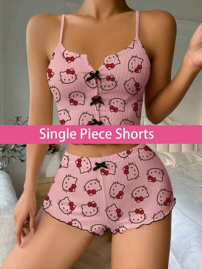 Sanrio 1 قطعة بنطلون بيجاما هيلو كيتي، بنطلون قصير صيفي للنساء، ملابس نوم للنساء، شورت نوم لطيف، بنطلون بيجاما هيلو كيتي
